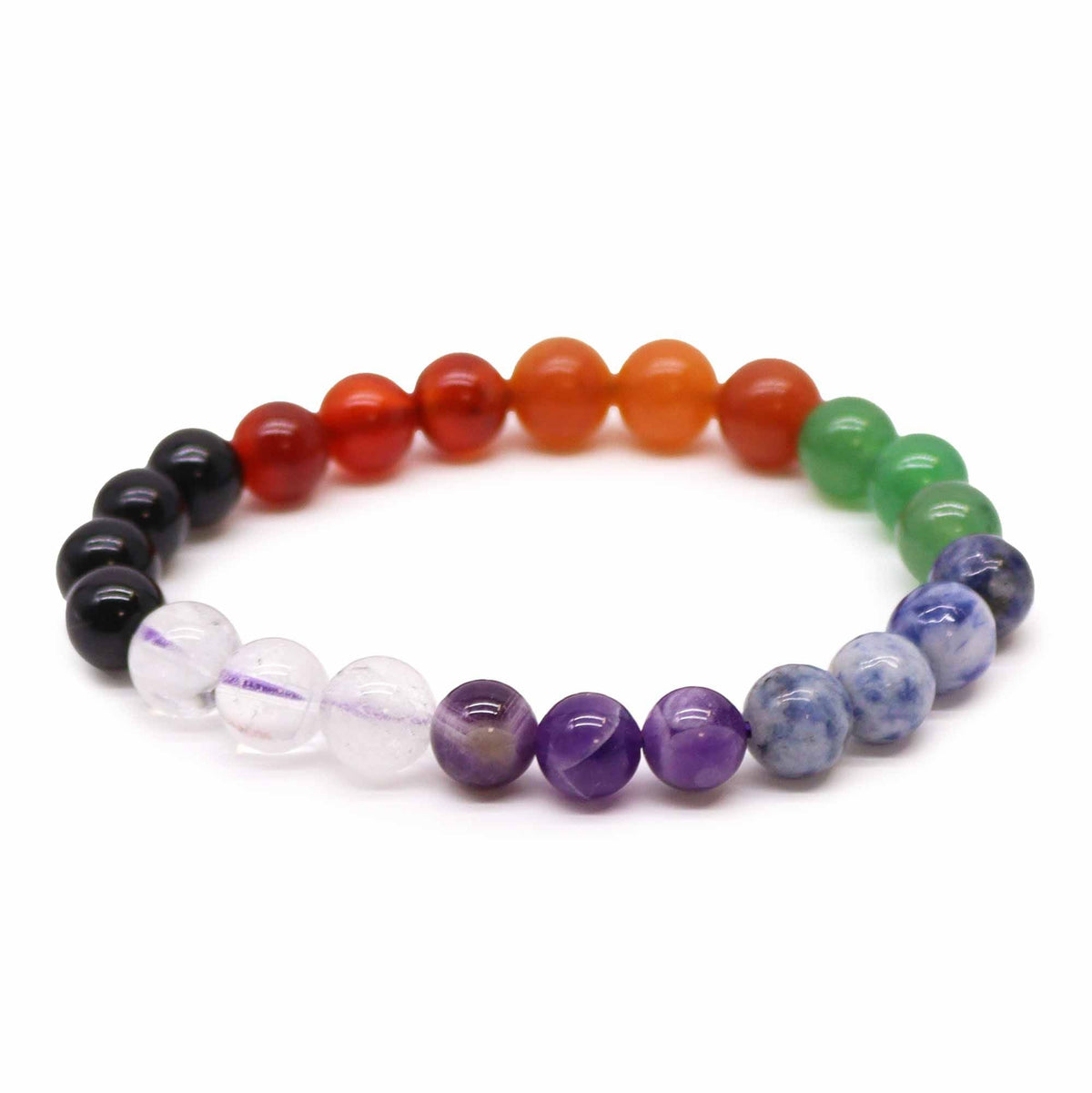 Colorful chakra bracelet representing The Seven Chakras with healing stones in vibrant colours.