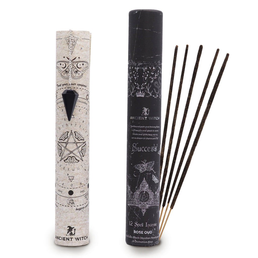 Success witch spell incense with black obsidian pendulum – confidence and achievement ritual