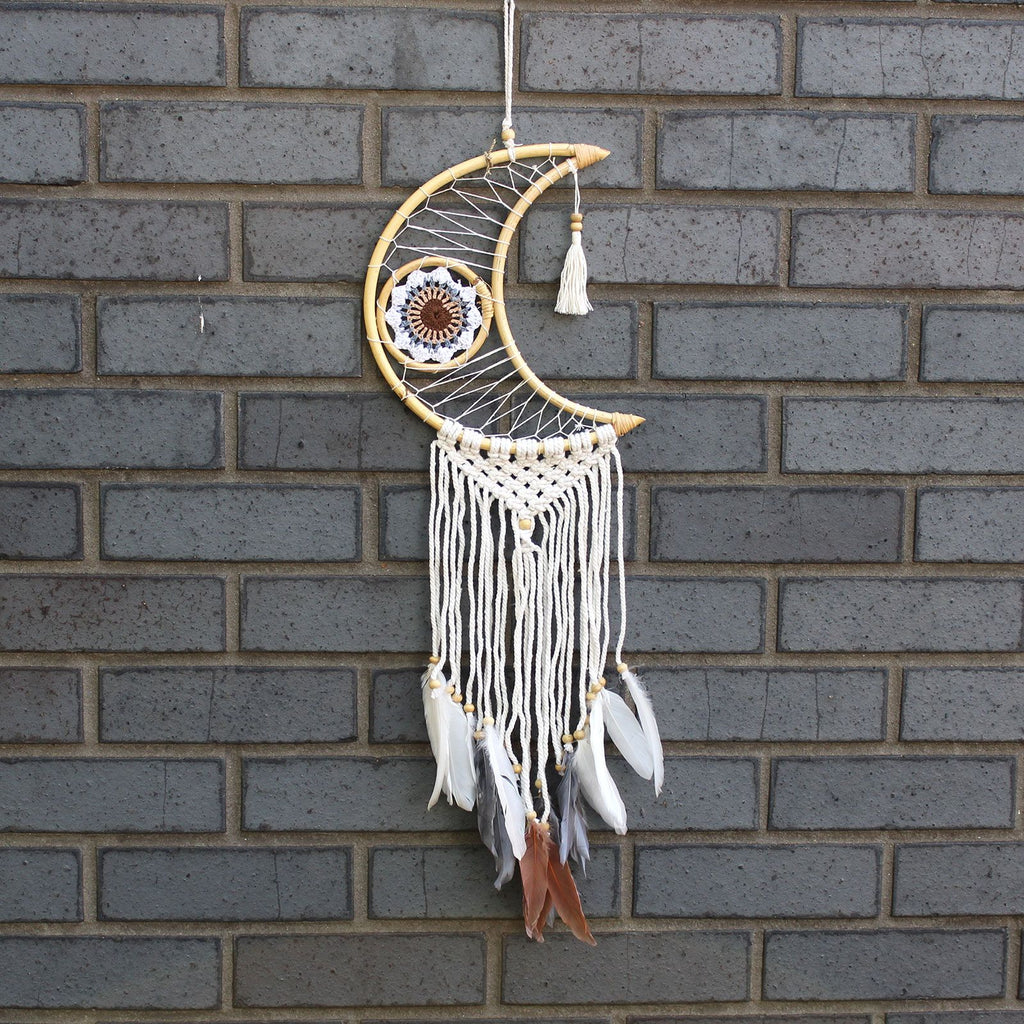 Macrame moon dream catcher with evil eye design – spiritual protection décor