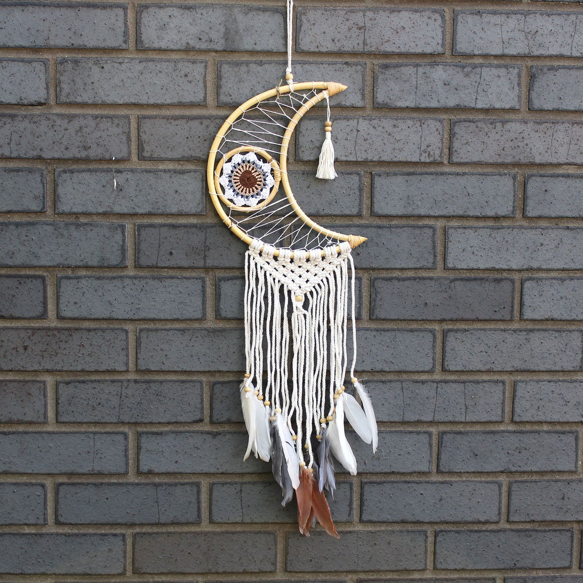 Macrame moon dream catcher with evil eye design – spiritual protection décor