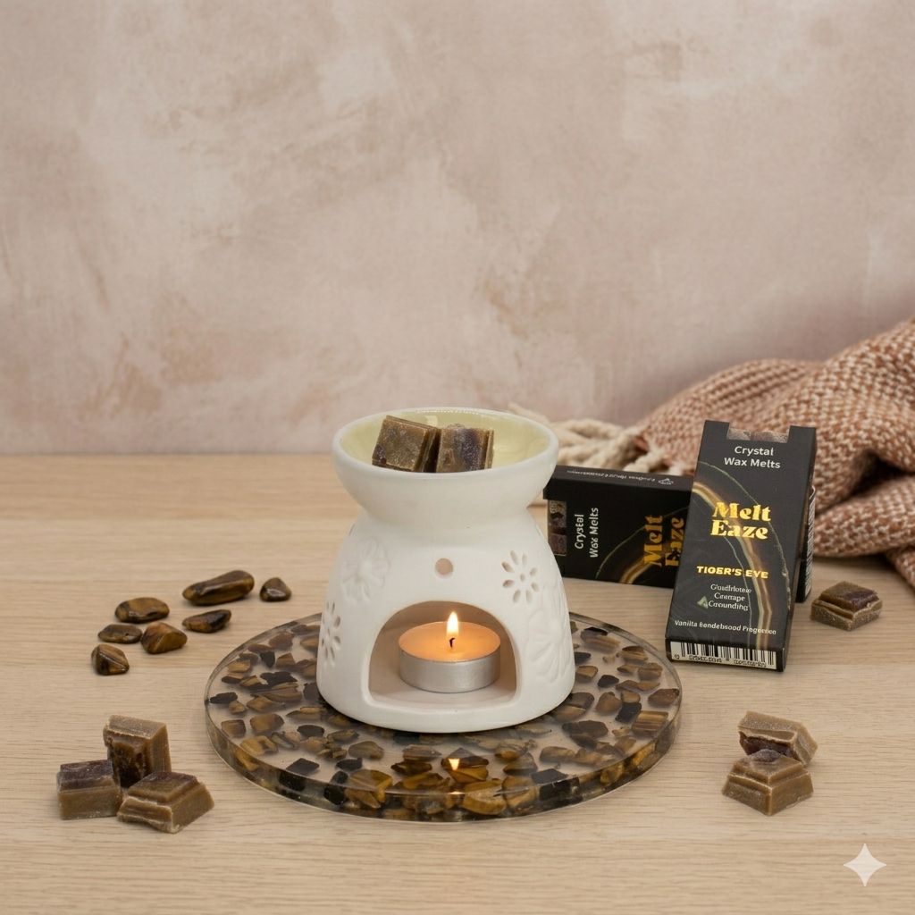 MeltEaze Wax Melts Tigereye Strength Vanilla Sandalwood with Tigereye gemstones