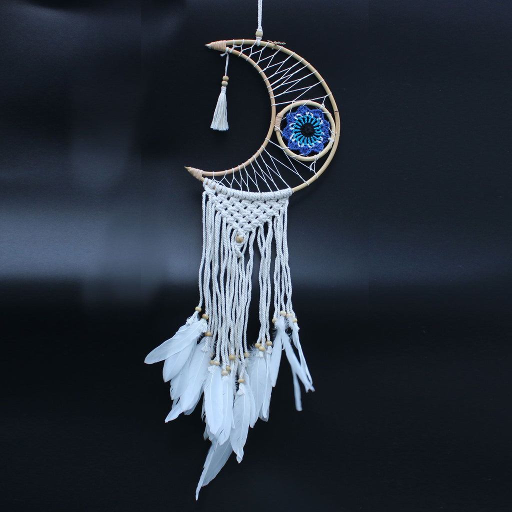 Macrame moon dream catcher with evil eye design – spiritual protection décor