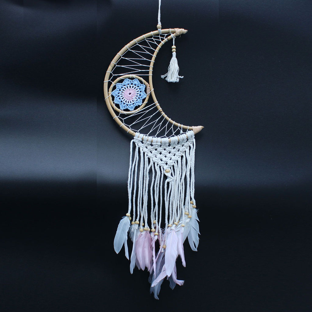 Macrame moon dream catcher with evil eye design – spiritual protection décor