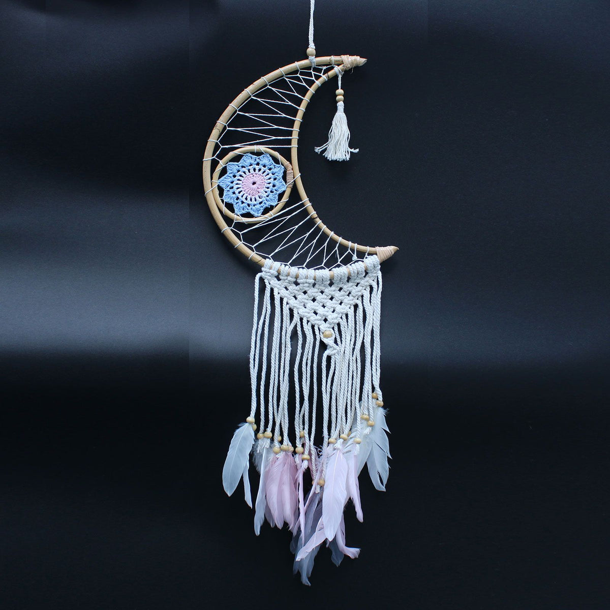 Macrame moon dream catcher with evil eye design – spiritual protection décor
