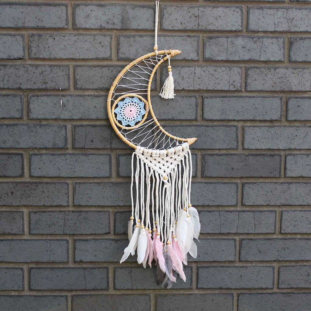 Macrame moon dream catcher with evil eye design – spiritual protection décor