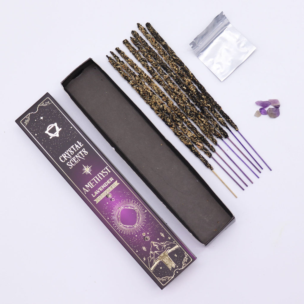 Lavender smudge incense sticks with amethyst crystal chips for calm and clarity