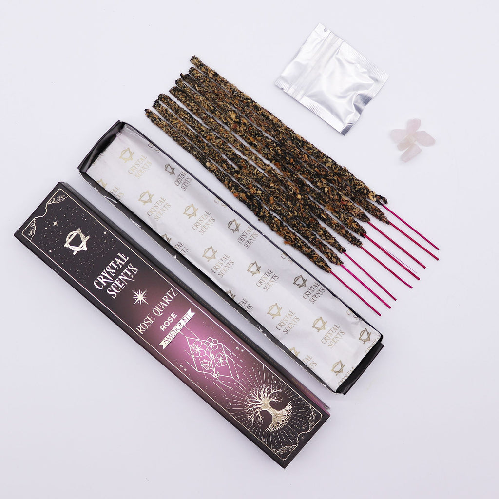 Rose smudge incense sticks with rose quartz crystal chips for love and positive energy