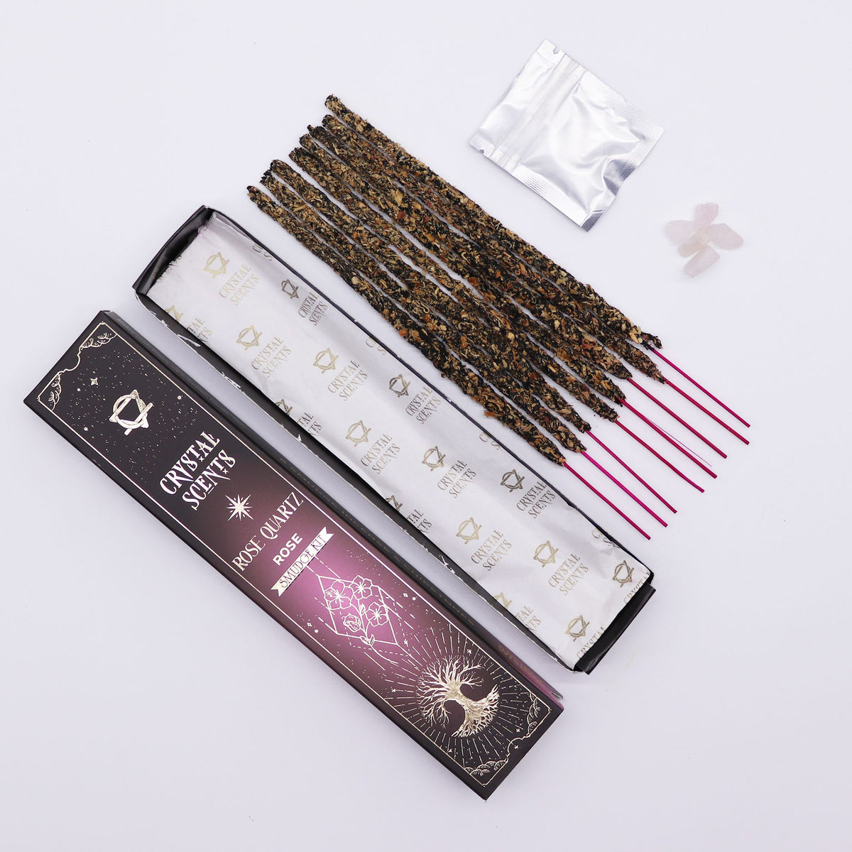 Rose smudge incense sticks with rose quartz crystal chips for love and positive energy