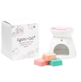 Agnes + Cat Wax Melter with Four Soy Wax Melts – Floral Ceramic Burner | CardsAmoreStore
