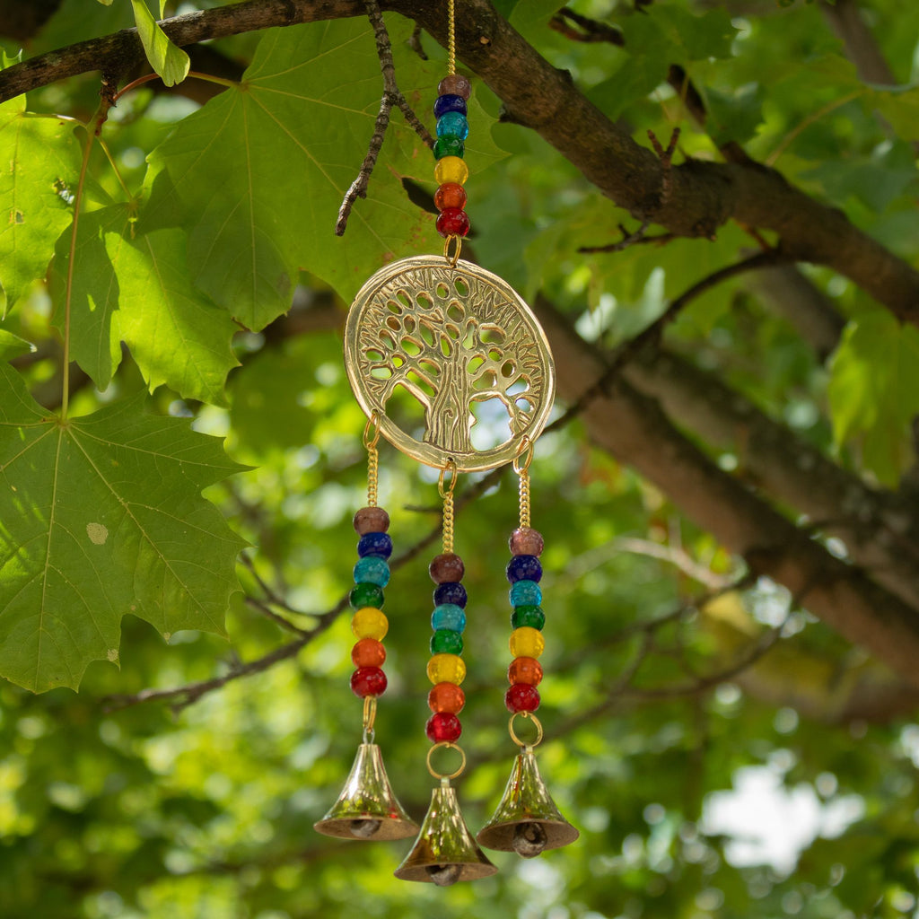 Brass tree of life wind chime with chakra beads and three bells – spiritual home décor