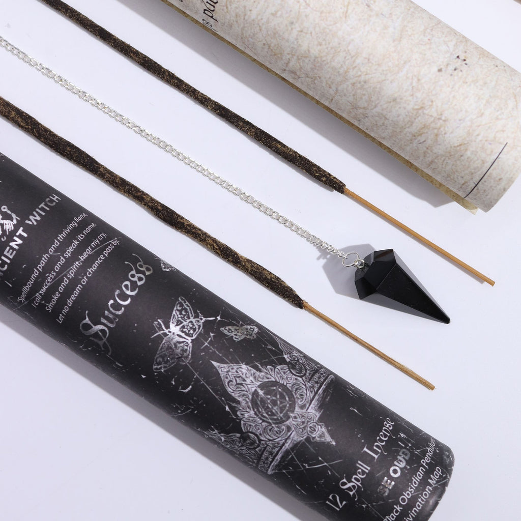 Success witch spell incense with black obsidian pendulum – confidence and achievement ritual
