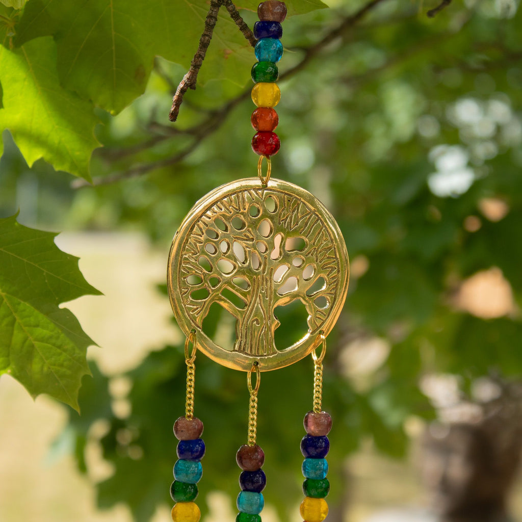 Brass tree of life wind chime with chakra beads and three bells – spiritual home décor