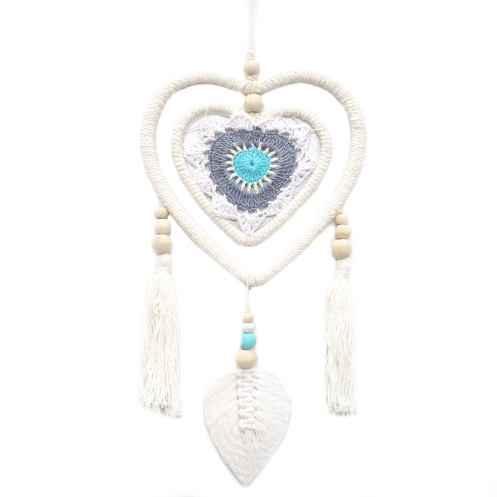 Medium blue heart‑in‑heart dream catcher – handmade Bali décor for peaceful sleep