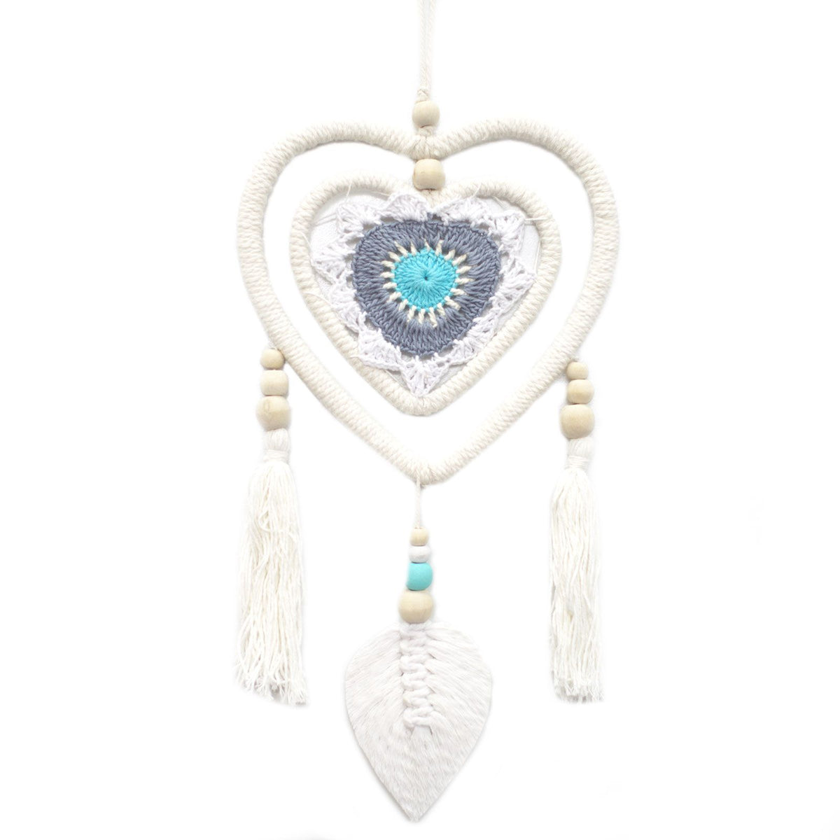 Medium blue heart‑in‑heart dream catcher – handmade Bali décor for peaceful sleep