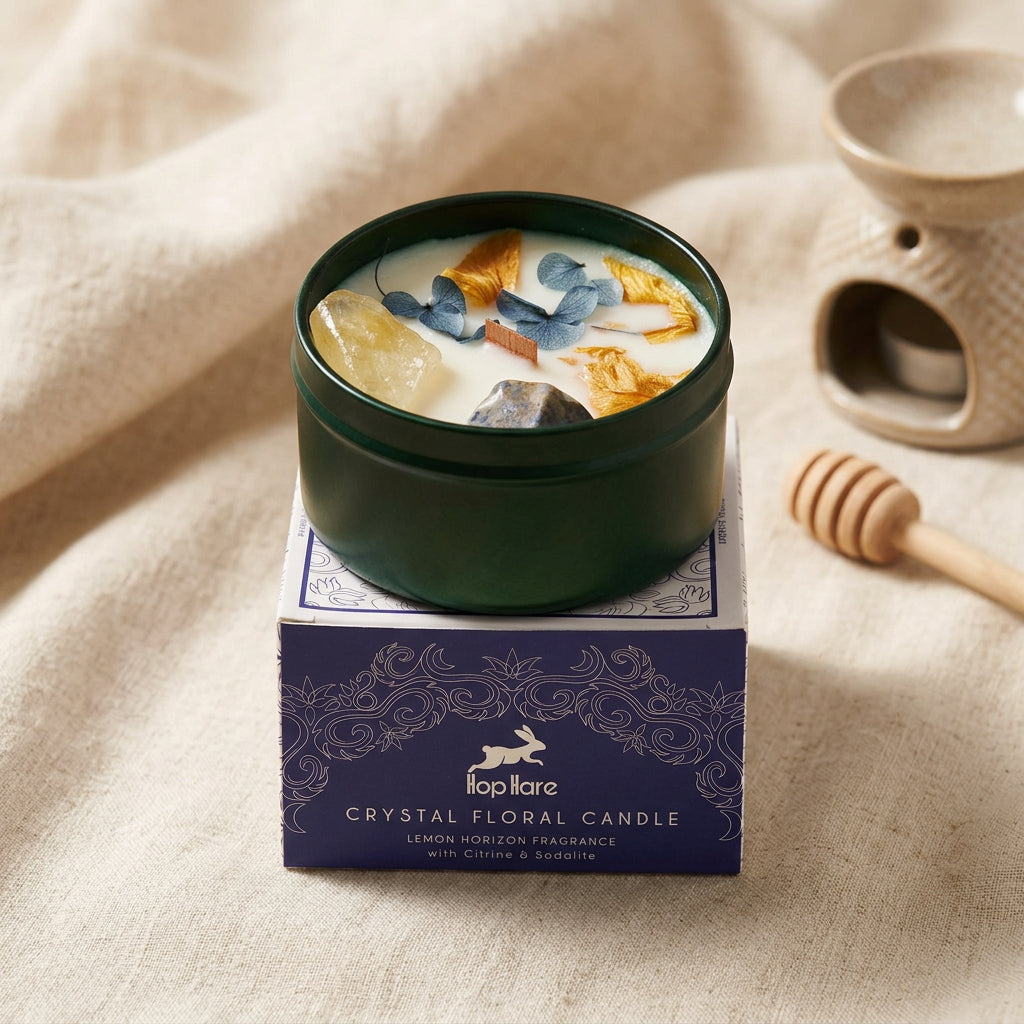Hop Hare Crystal Magic Flower Candle – The Sun (Citrine & Sodalite Crystal Candle) | CardsAmoreStore