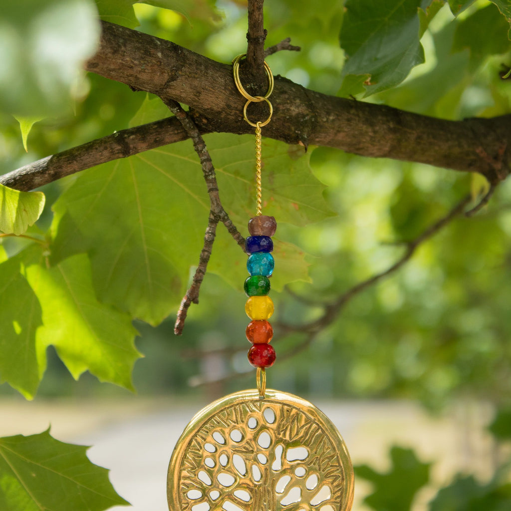 Brass tree of life wind chime with chakra beads and three bells – spiritual home décor