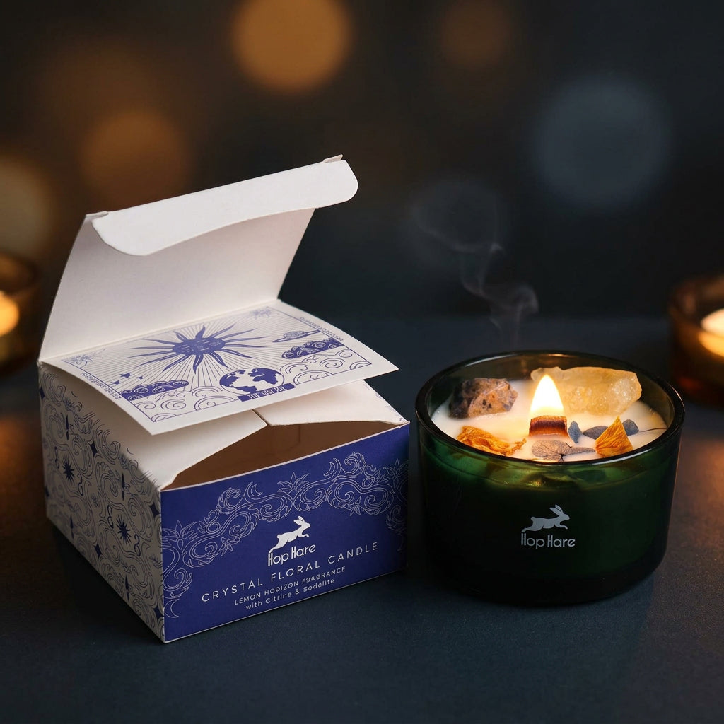 Hop Hare Crystal Magic Flower Candle – The Sun (Citrine & Sodalite Crystal Candle) | CardsAmoreStore