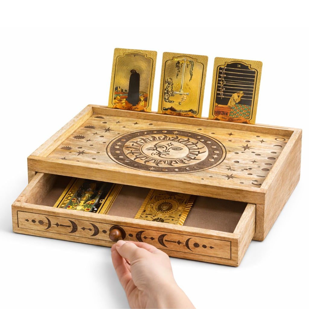 Sun Moon Carved Tarot Box with Drawer | CardsAmoreStore