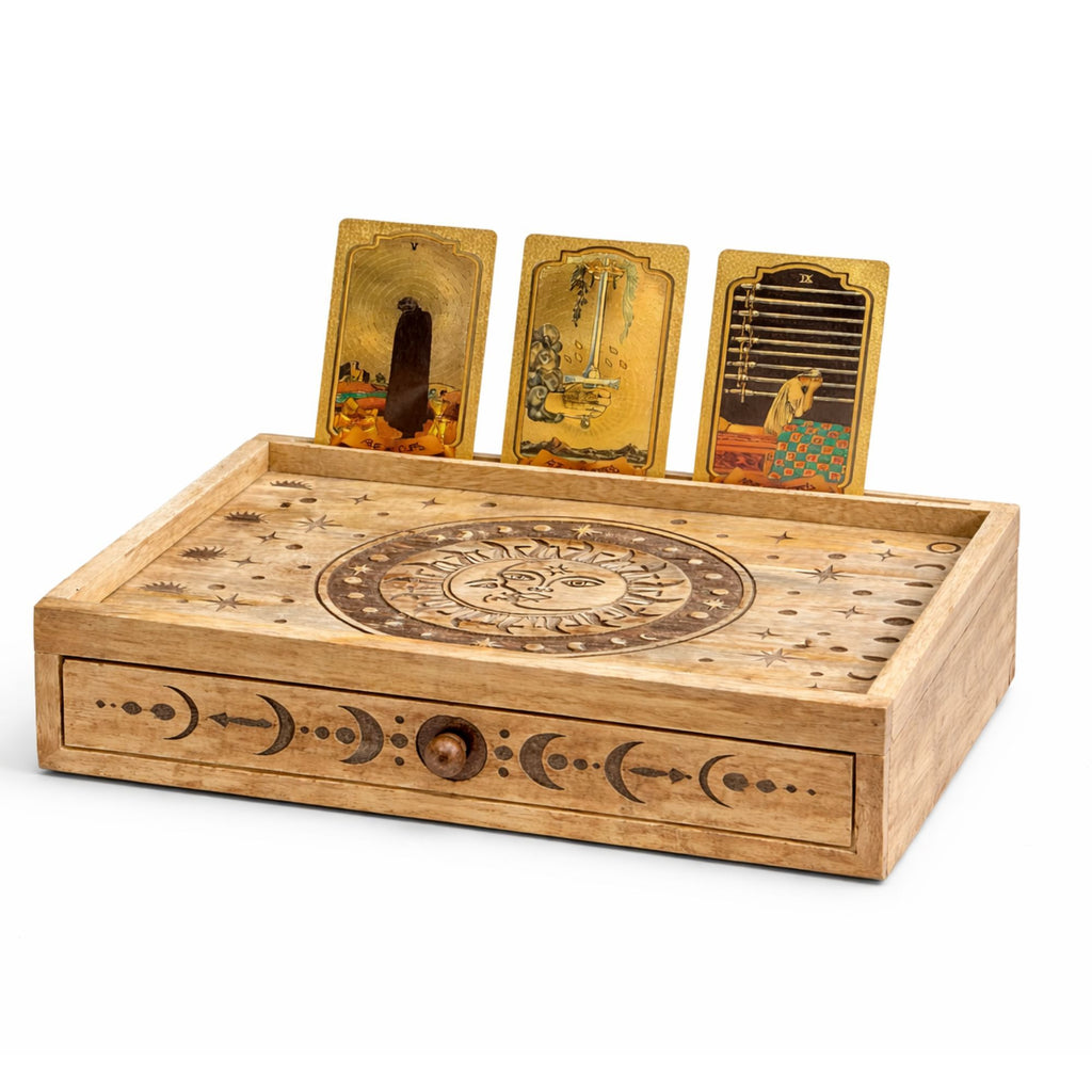 Sun Moon Carved Tarot Box with Drawer | CardsAmoreStore