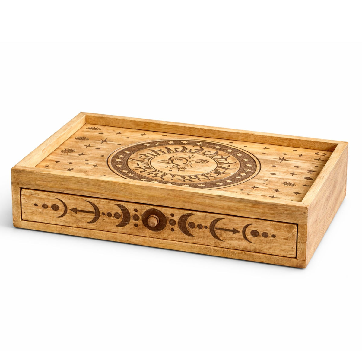 Sun Moon Carved Tarot Box with Drawer | CardsAmoreStore