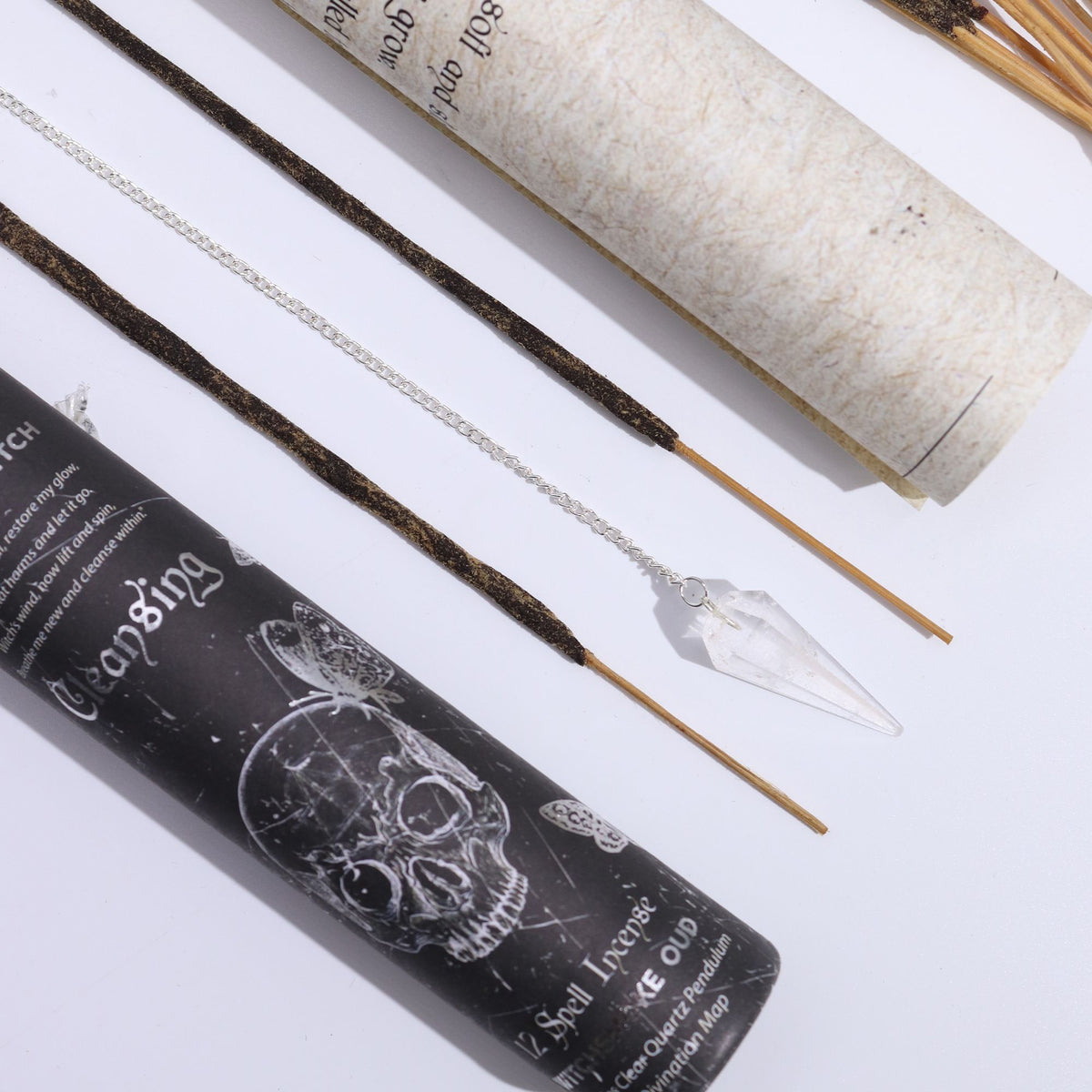 Cleansing witch spell incense with rock crystal pendulum – spiritual purification ritual set