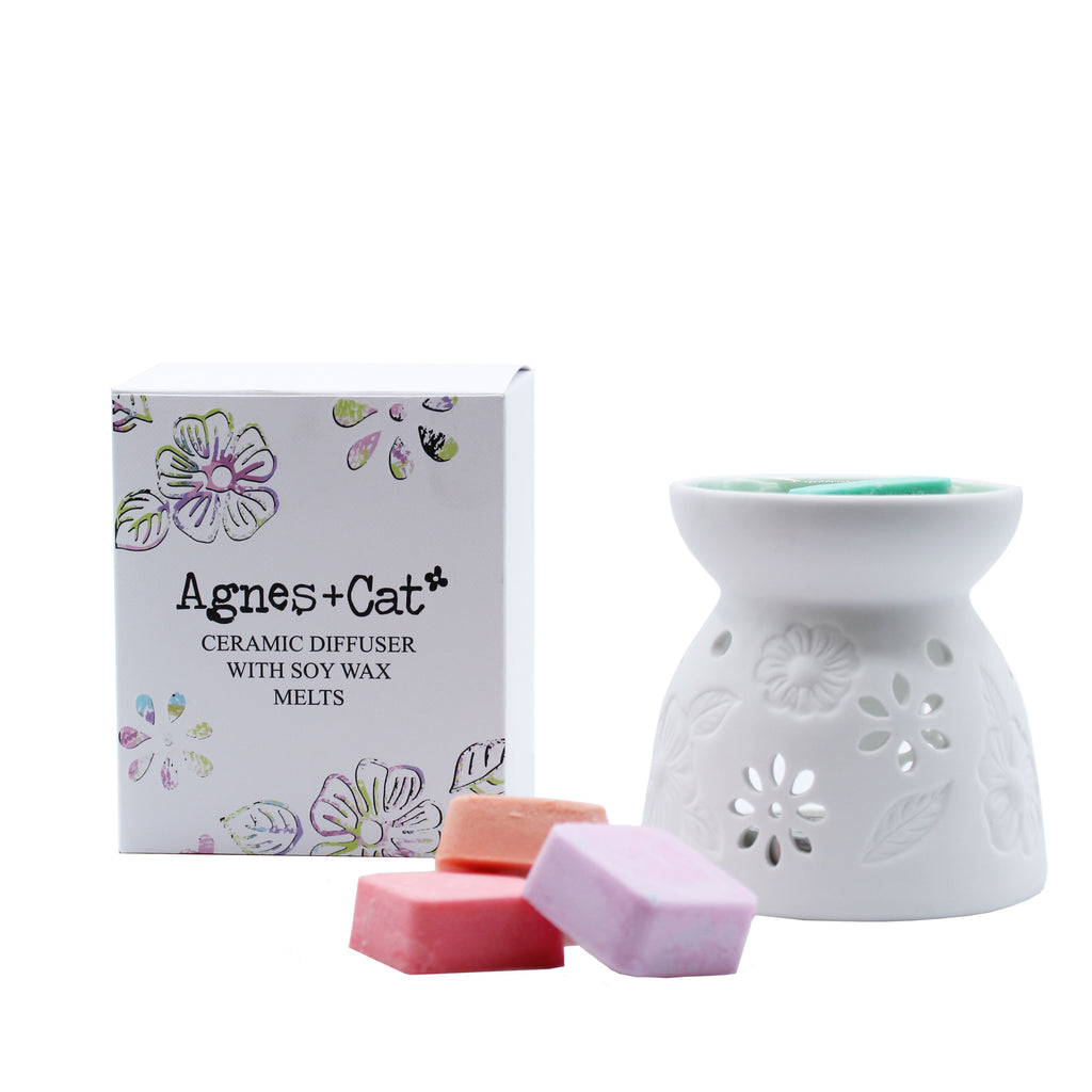 Agnes + Cat Wax Melter with Four Soy Wax Melts – Floral Ceramic Burner | CardsAmoreStore