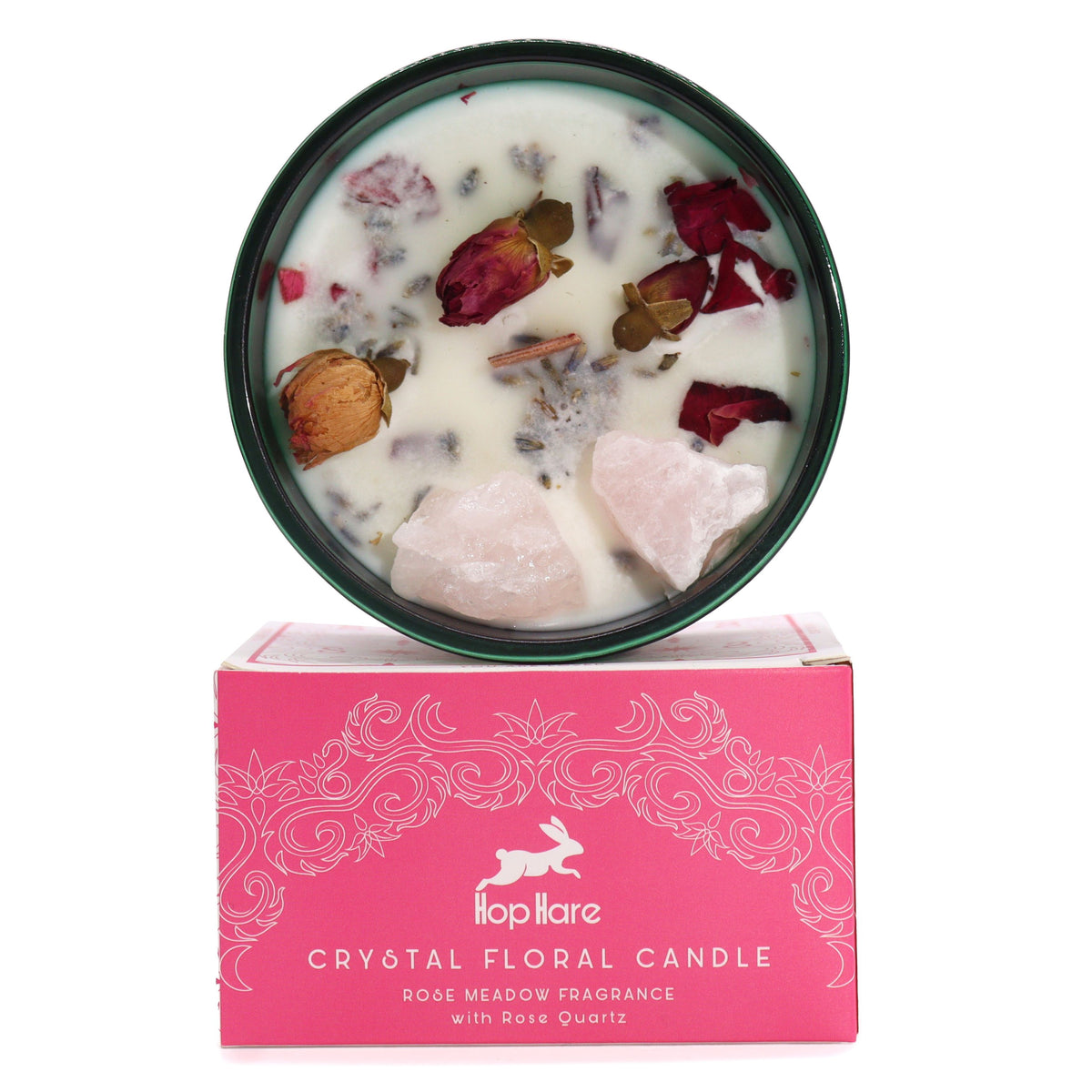 Hop Hare Crystal Magic Flower Candle – The Lovers (Rose Quartz Love Candle) | CardsAmoreStore
