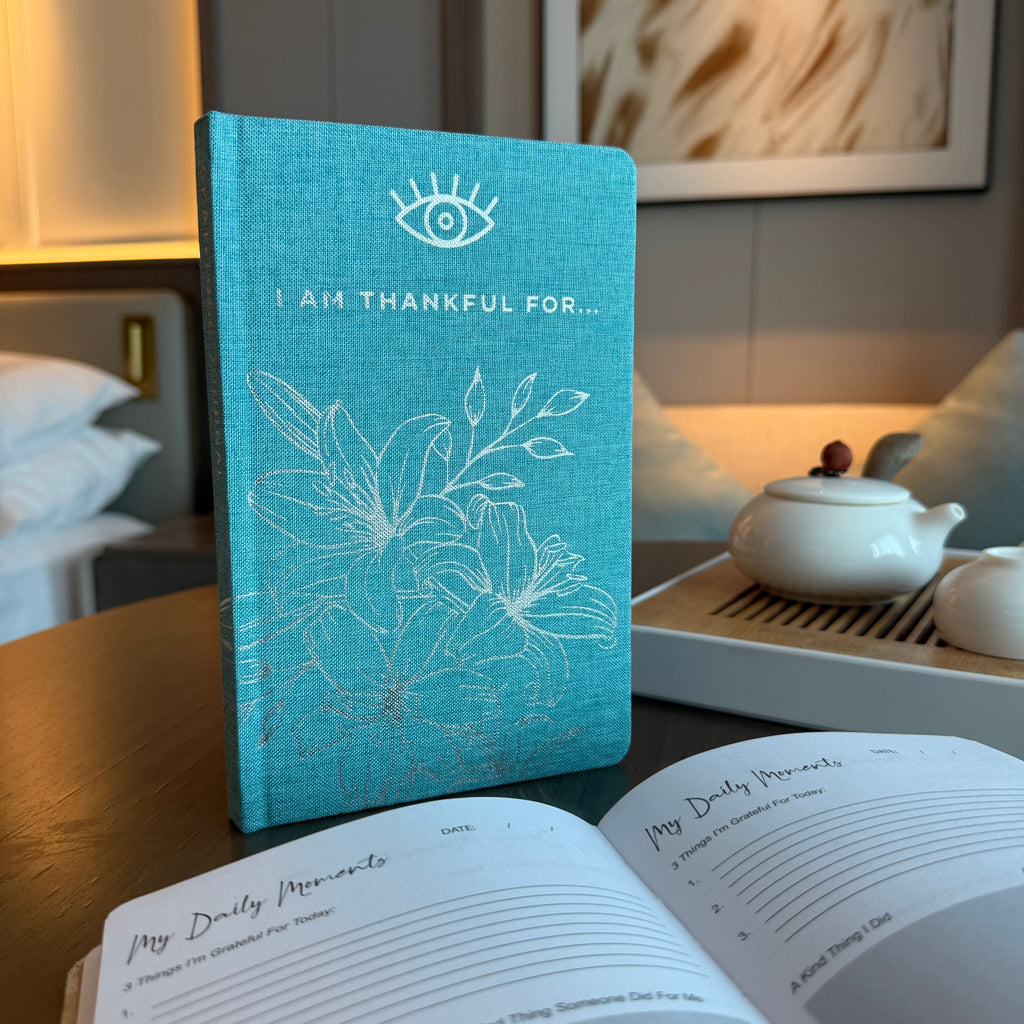 Blue gratitude journal with silver lining – 120‑page mindfulness writing notebook