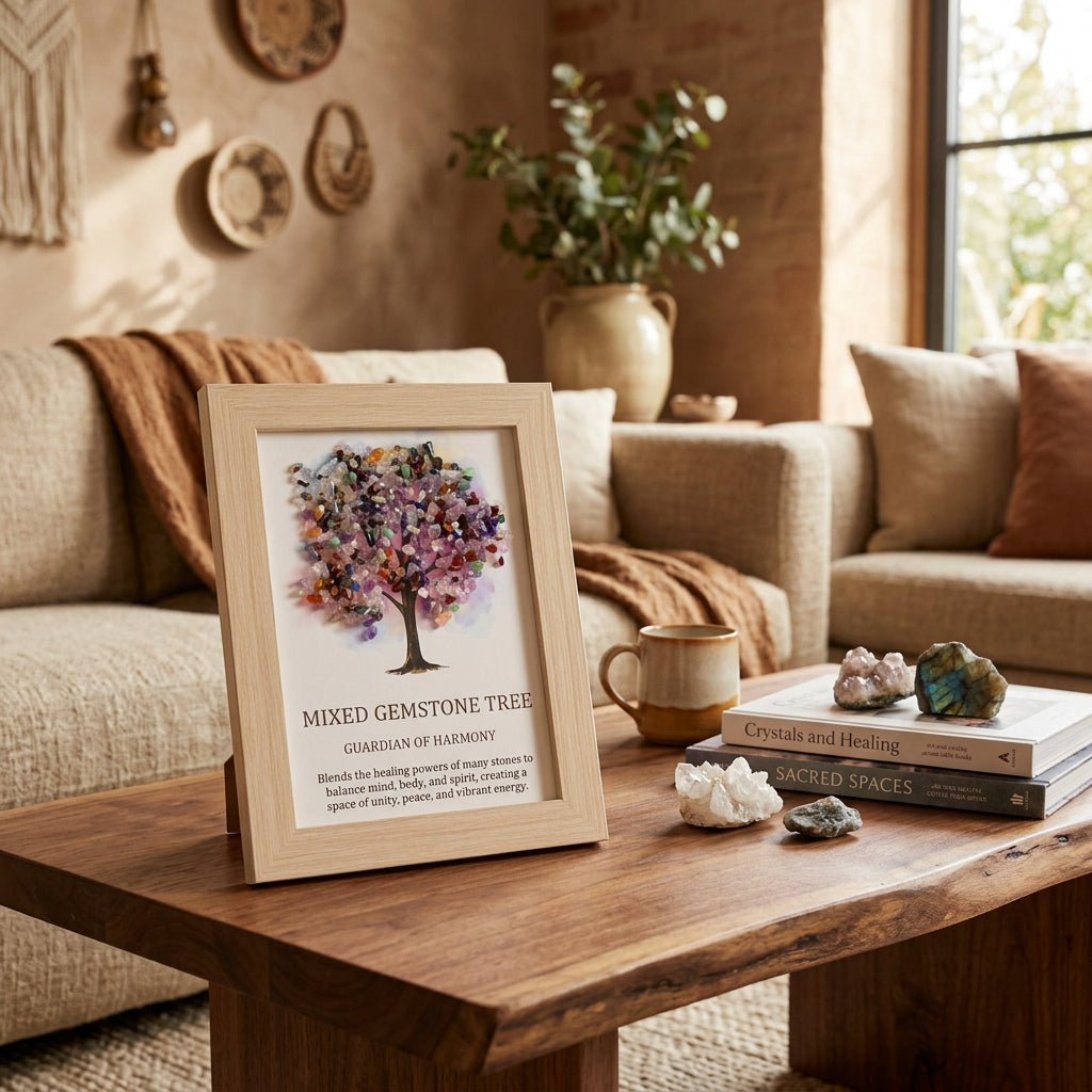 Tree of Life Crystal Art Picture featuring a Mixed Gemstone Tree in a wooden frame for vibrant home décor.