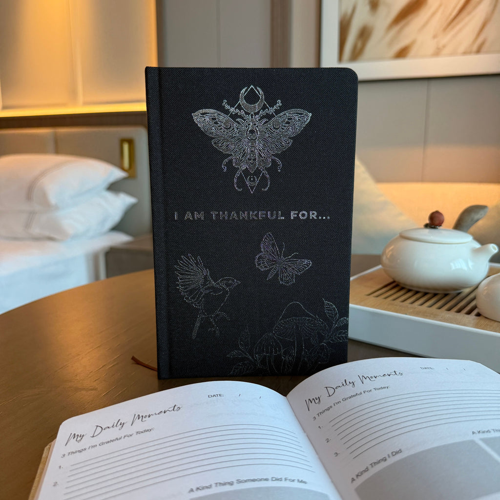 Black gratitude journal with silver lining – 120‑page mindfulness reflection notebook