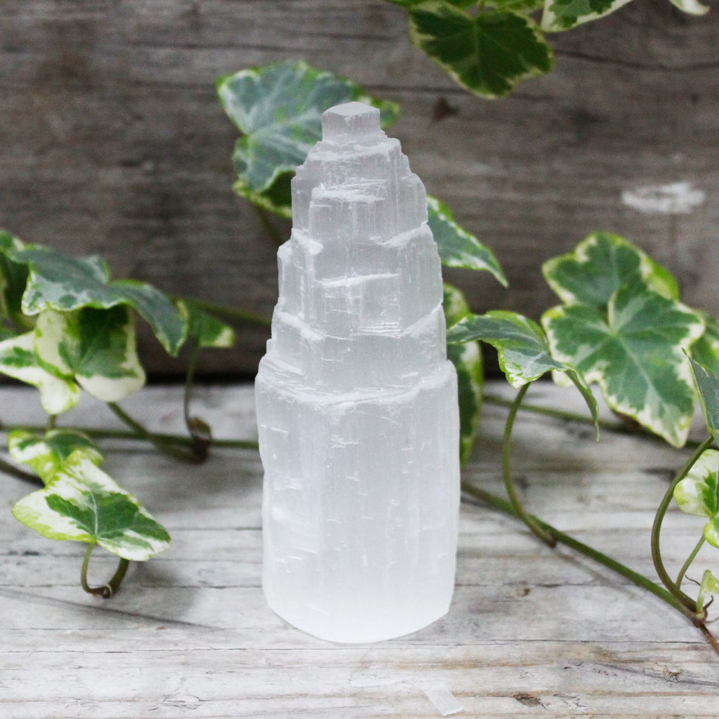 Natural selenite tower crystal – 10 cm polished white cleansing stone