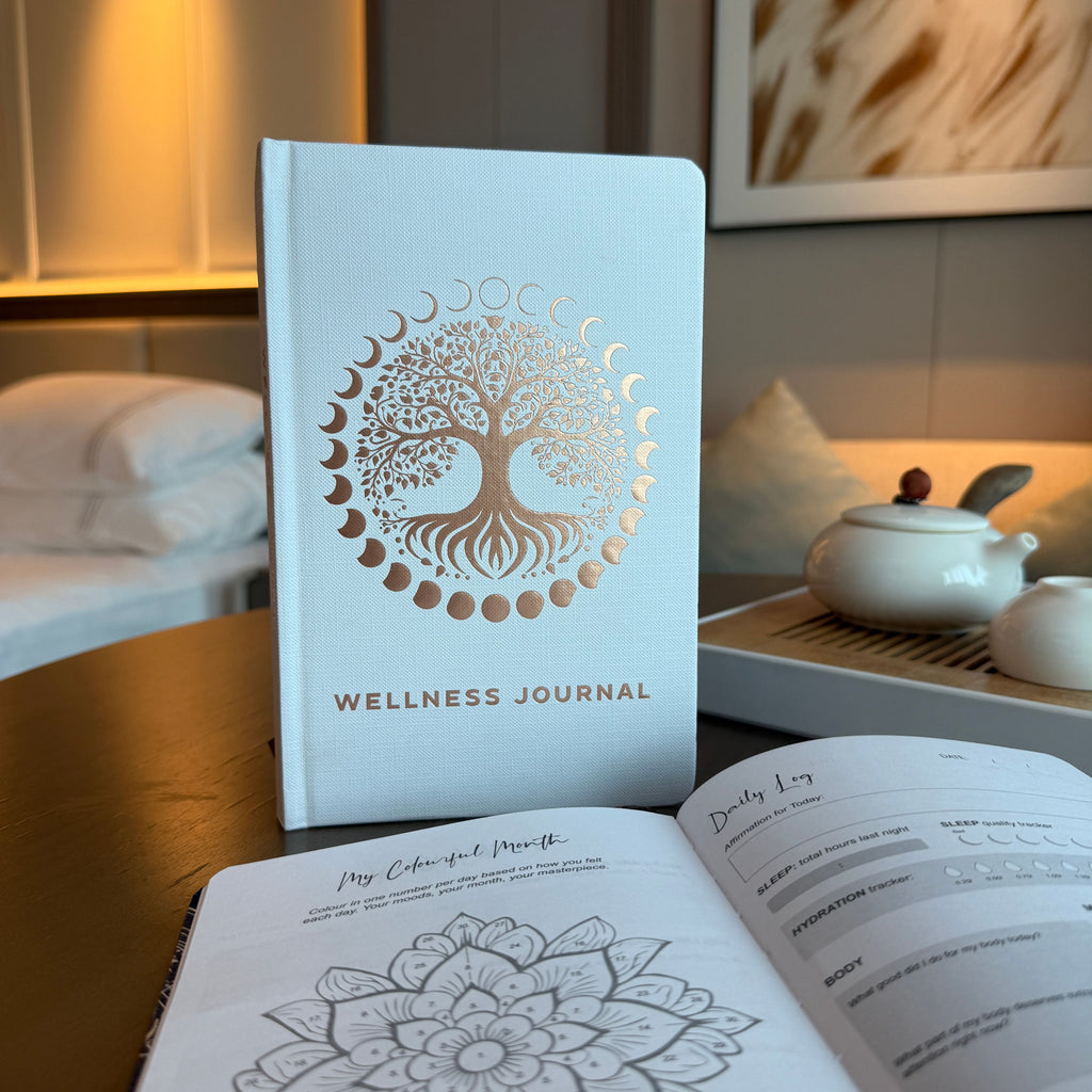 White wellness journal with rose gold tree of life design – 120‑page mindfulness notebook