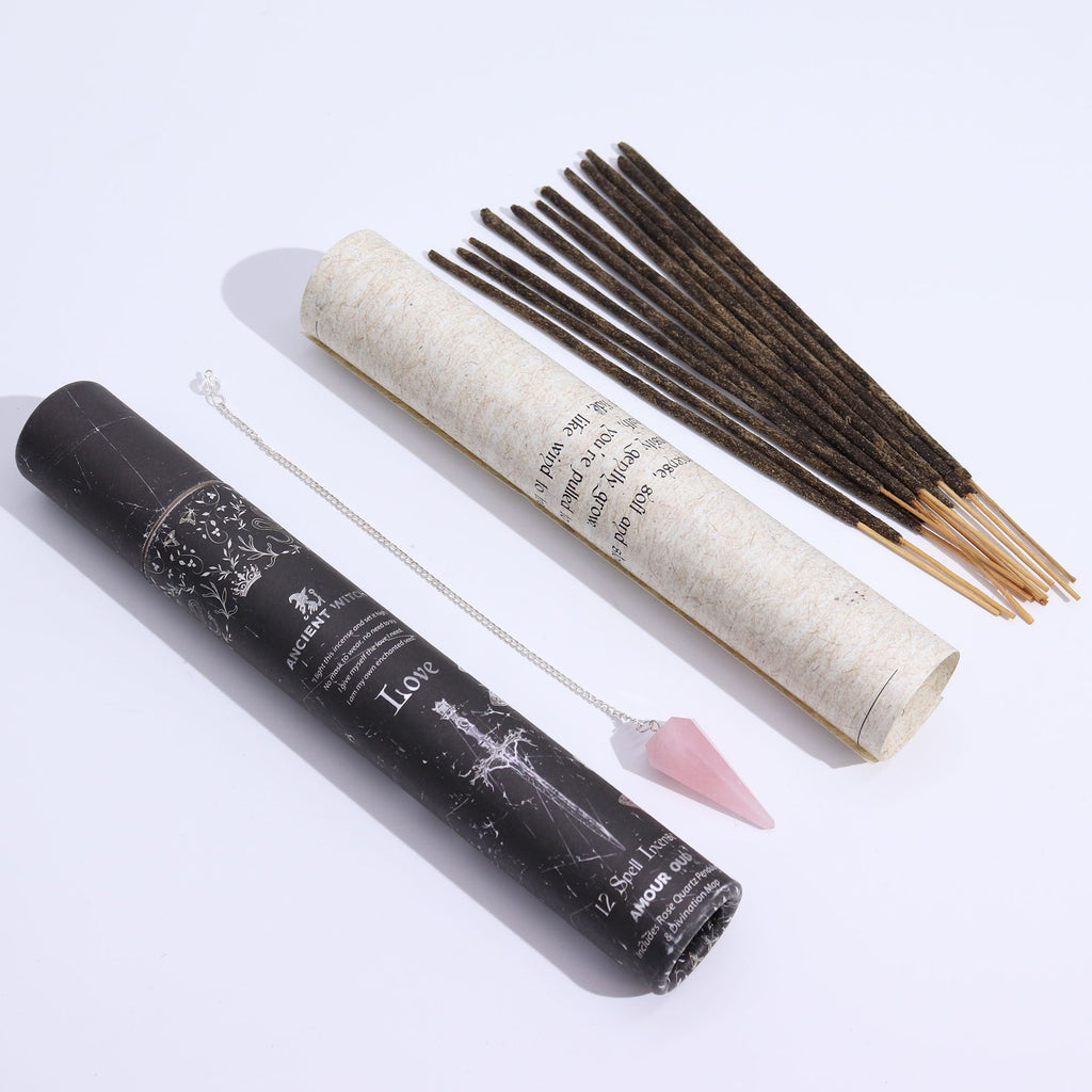 Love witch spell incense with rose quartz pendulum – heart‑opening romantic energy ritual
