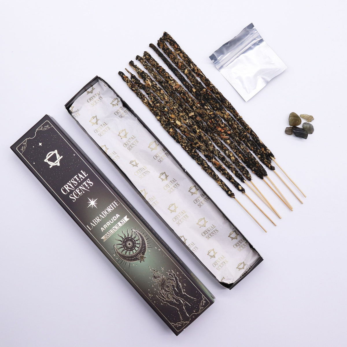 Arruda smudge incense sticks with labradorite crystal chips for protection and cleansing