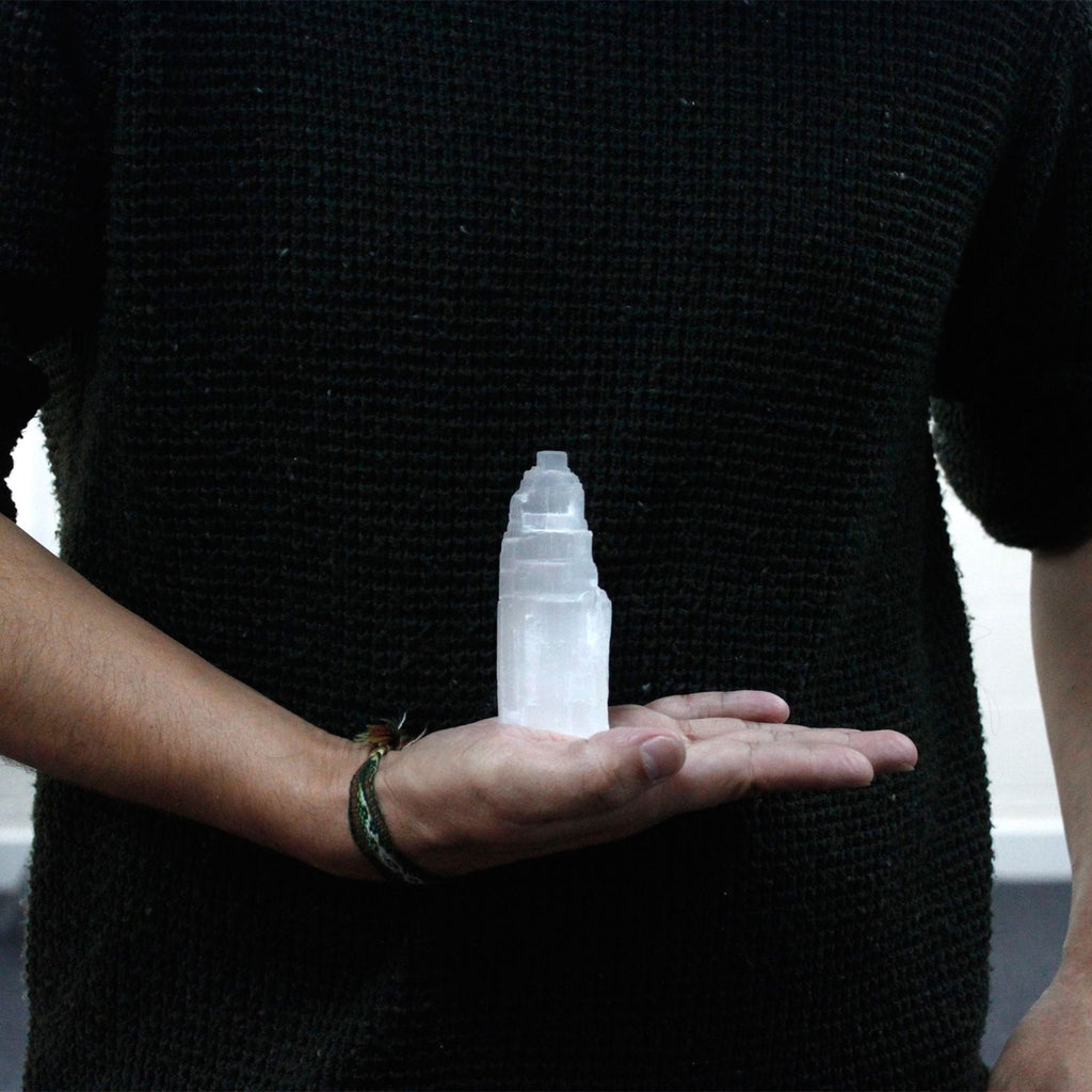 Natural selenite tower crystal – 10 cm polished white cleansing stone