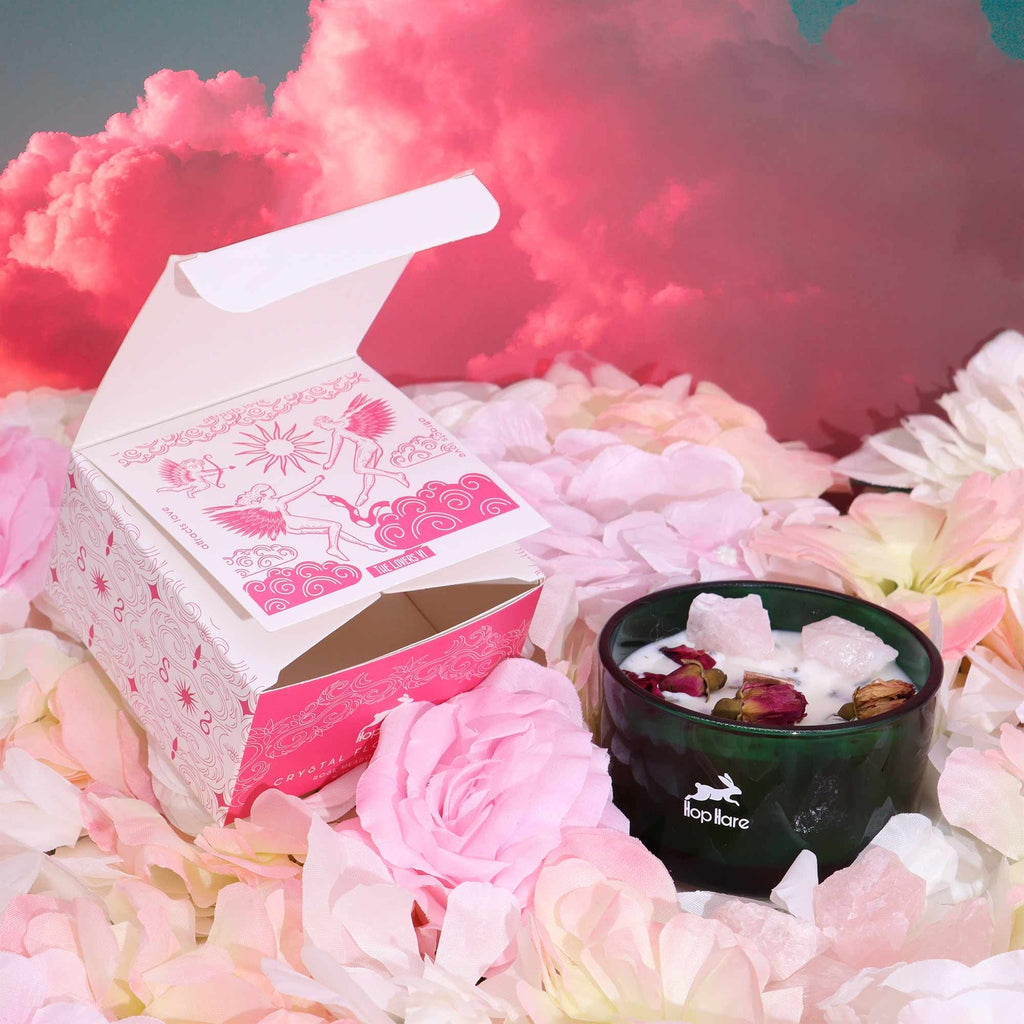 Hop Hare Crystal Magic Flower Candle – The Lovers (Rose Quartz Love Candle) | CardsAmoreStore