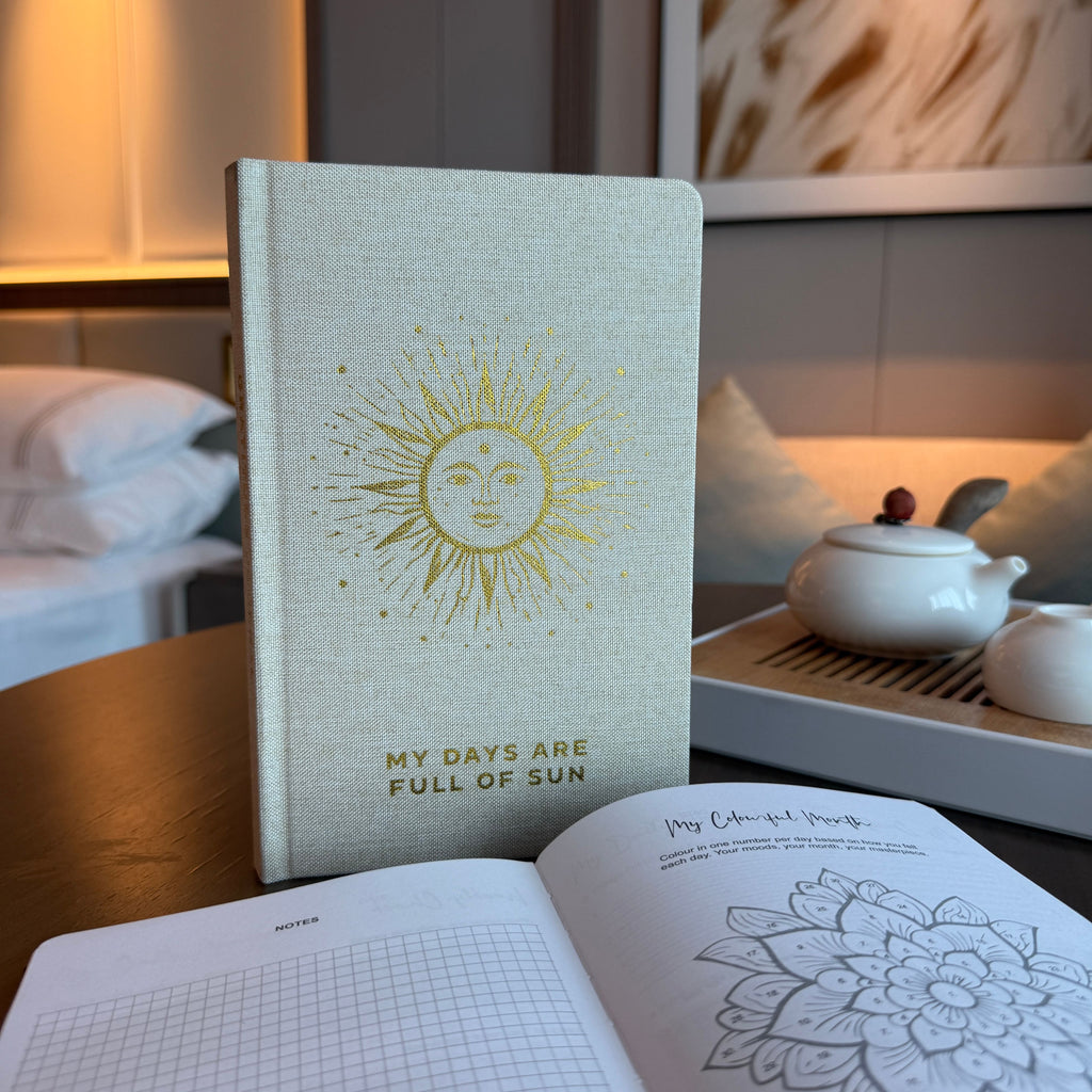 Ivory gratitude journal with gold lining – mindfulness notebook for daily reflection