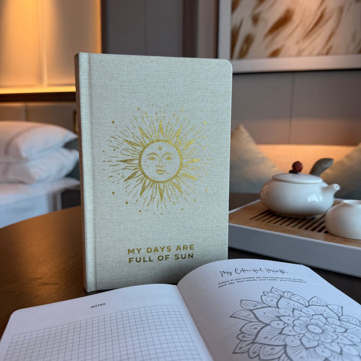 Ivory gratitude journal with gold lining – mindfulness notebook for daily reflection