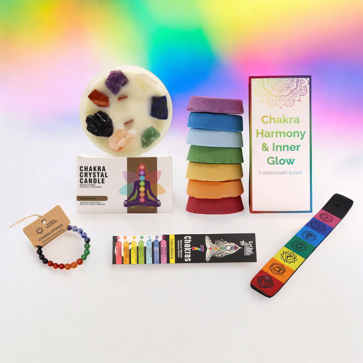 Chakra healing bundle with candle, bracelet, incense and bath fizzers for full chakra alignment