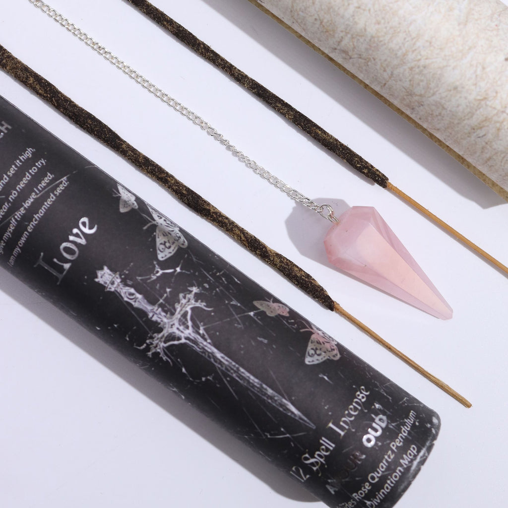 Love witch spell incense with rose quartz pendulum – heart‑opening romantic energy ritual