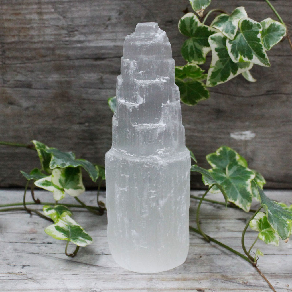 Natural selenite tower crystal – 15 cm polished white cleansing stone
