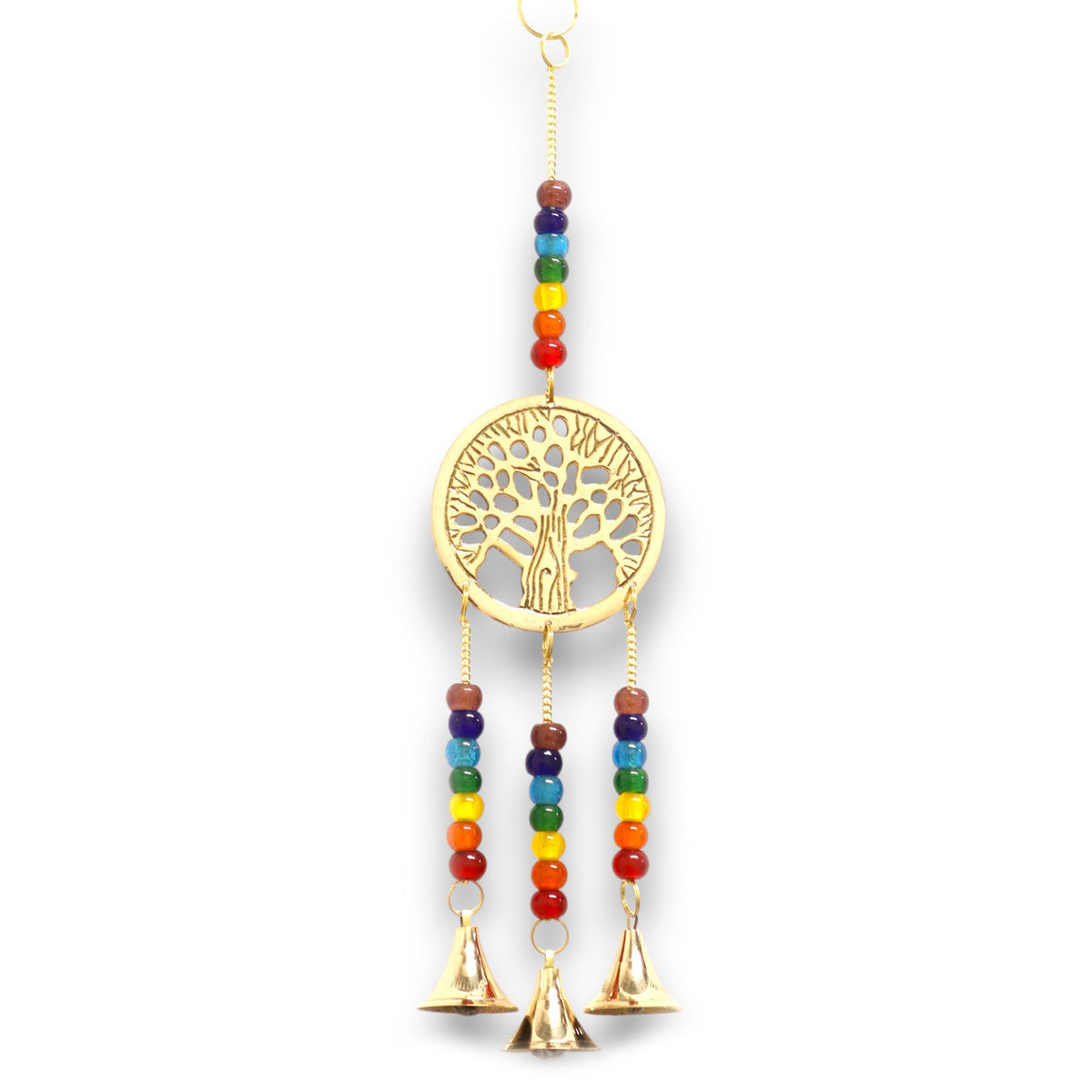 Brass tree of life wind chime with chakra beads and three bells – spiritual home décor