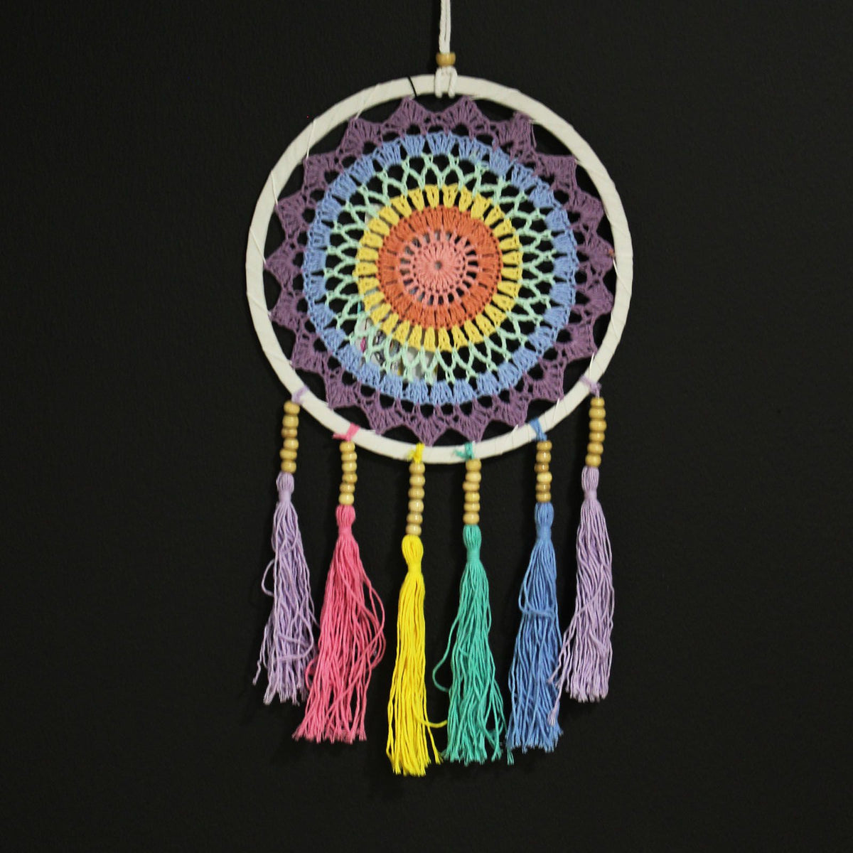 Small pastel rainbow dream catcher – colourful handmade décor for peaceful sleep