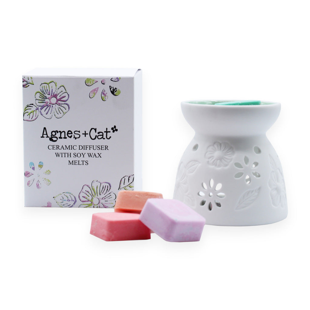Agnes + Cat Wax Melter with Four Soy Wax Melts – Floral Ceramic Burner | CardsAmoreStore