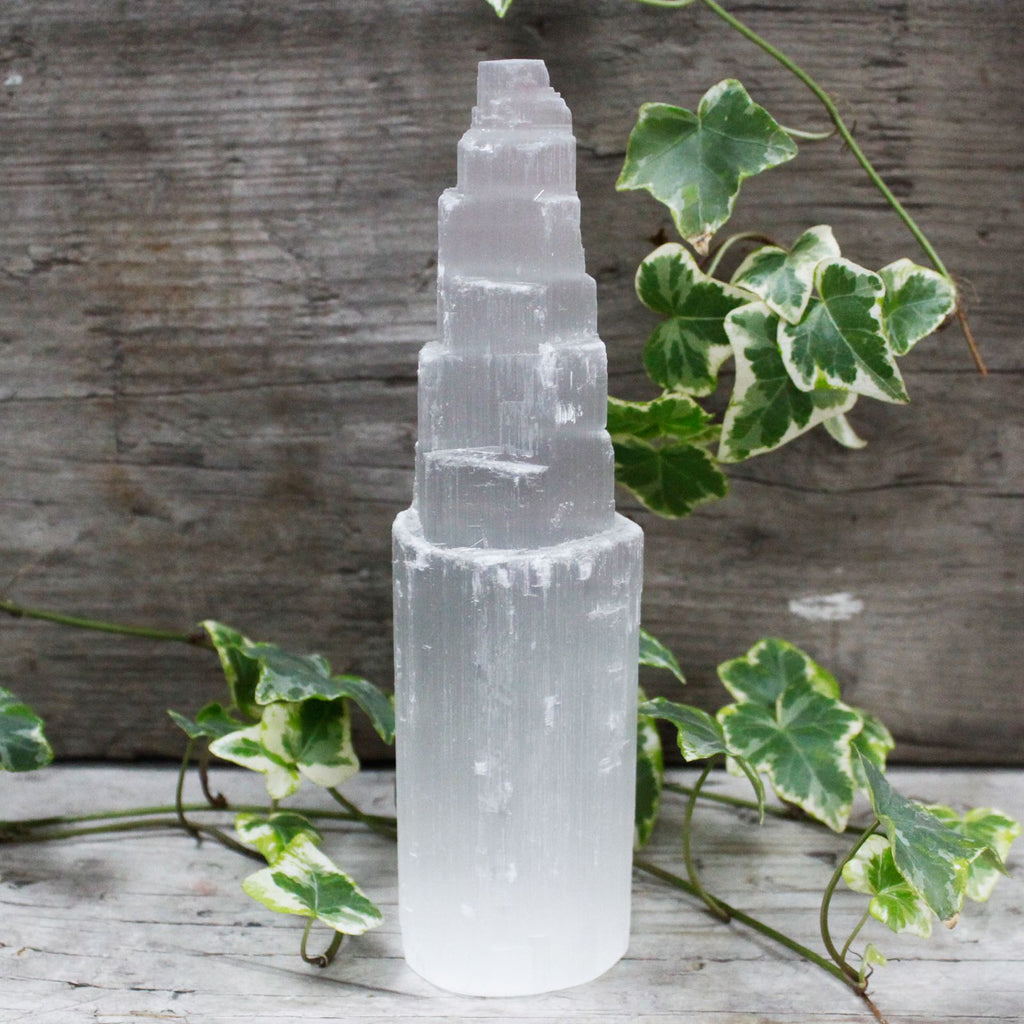 Natural selenite tower crystal – 20 cm polished white cleansing stone