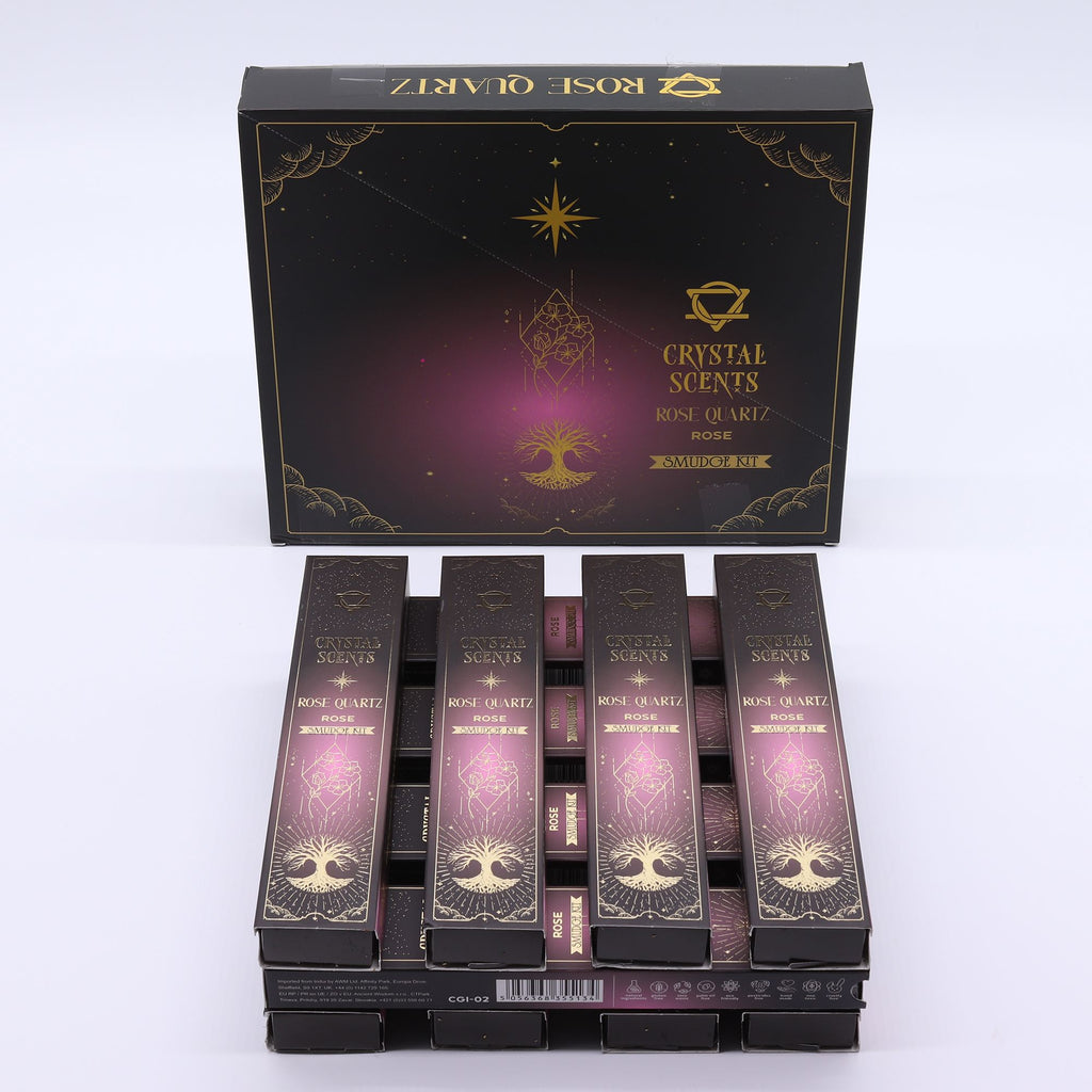 Rose smudge incense sticks with rose quartz crystal chips for love and positive energy