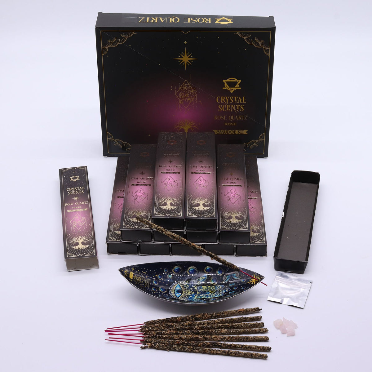 Rose smudge incense sticks with rose quartz crystal chips for love and positive energy
