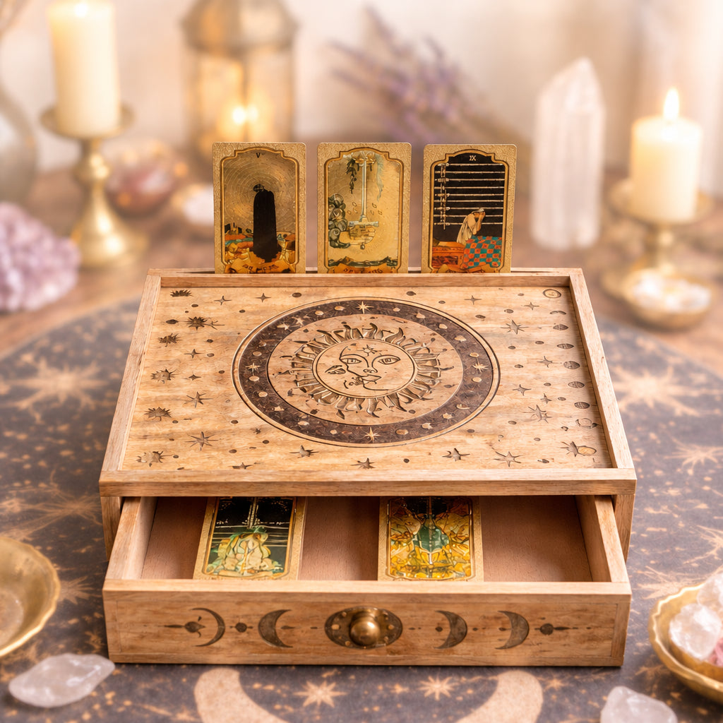 Sun Moon Carved Tarot Box with Drawer | CardsAmoreStore