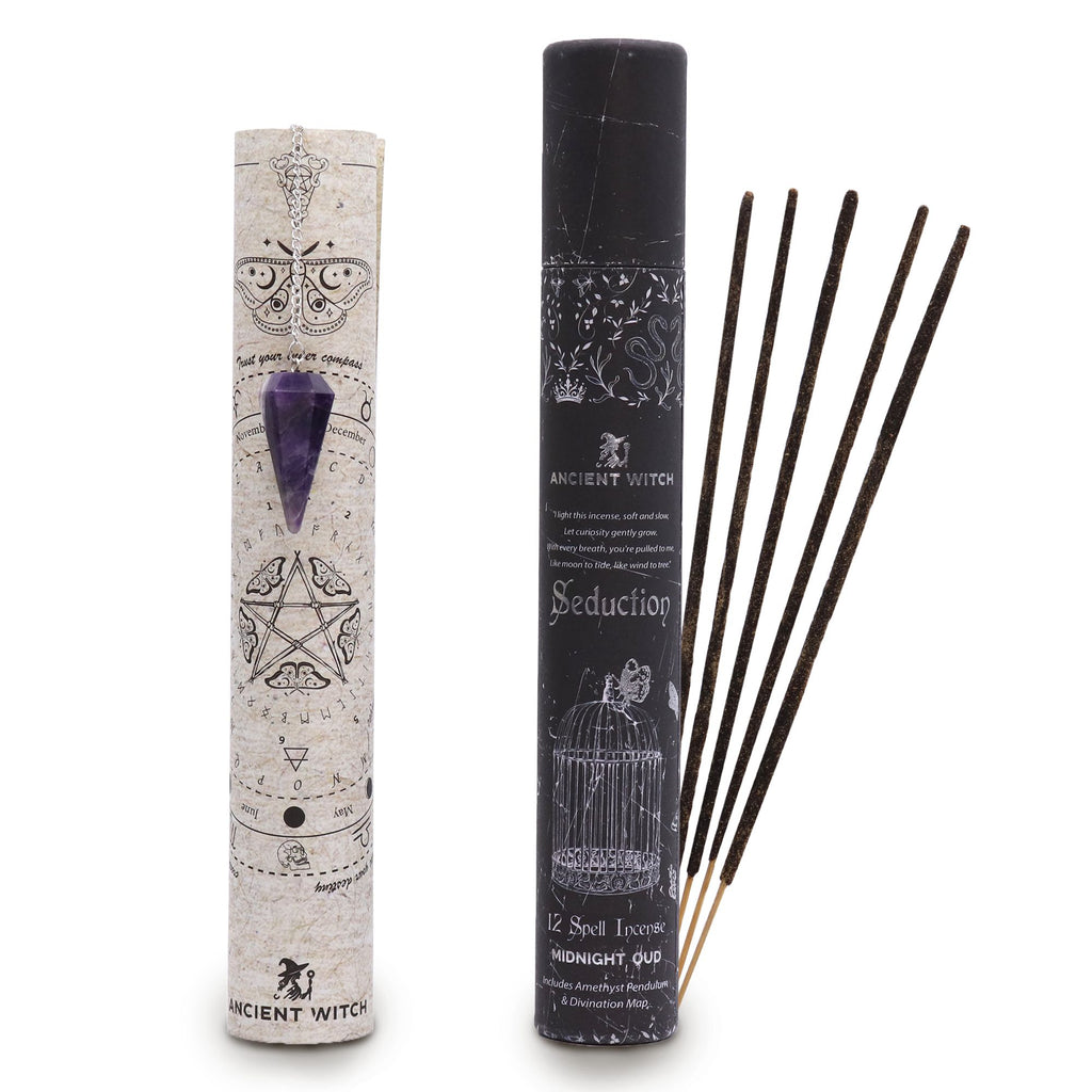 Seduction witch spell incense with amethyst pendulum – attraction and sensual energy ritual