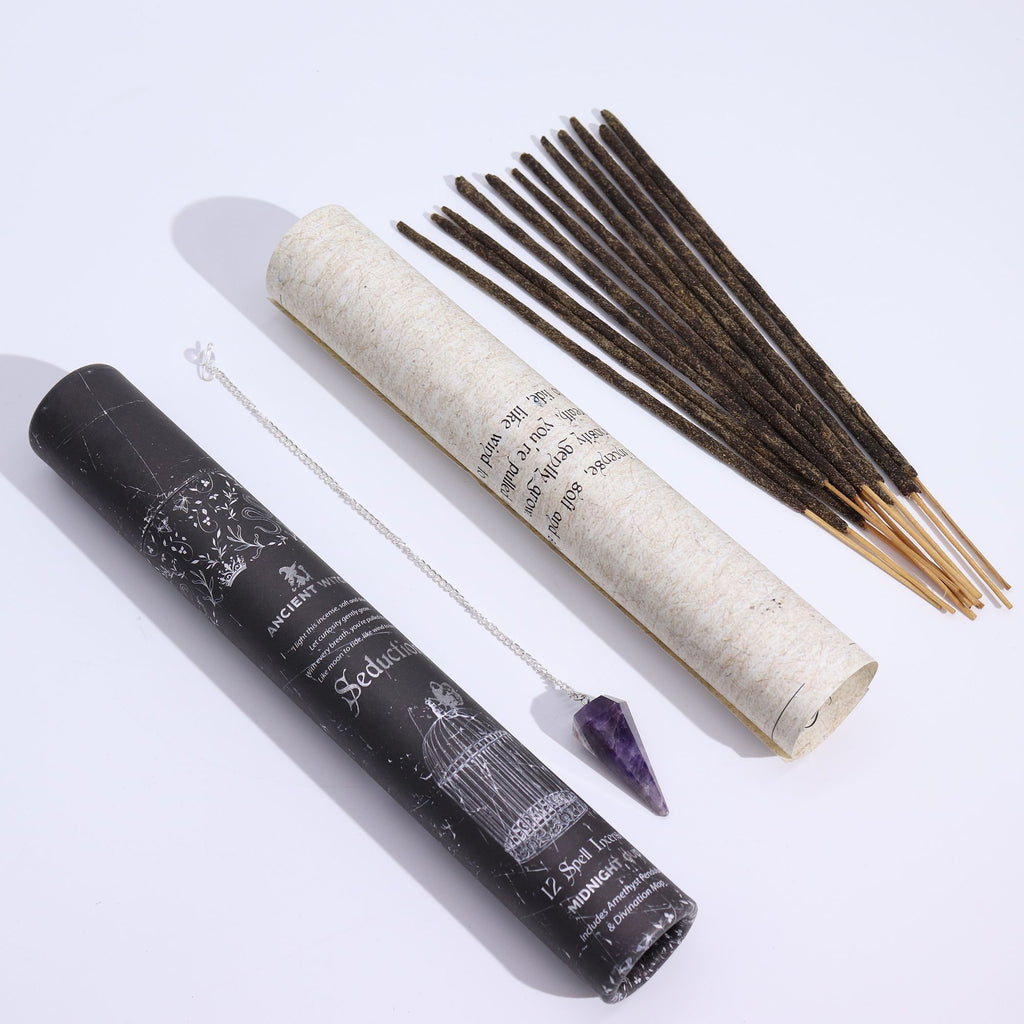 Seduction witch spell incense with amethyst pendulum – attraction and sensual energy ritual